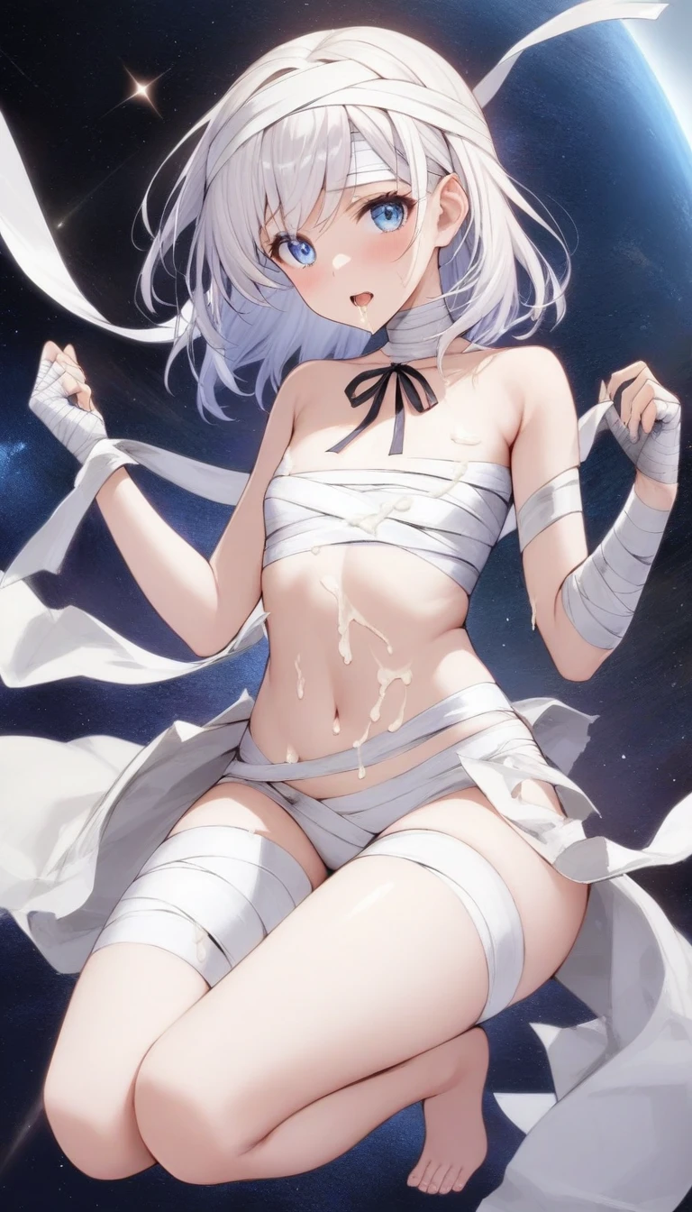 Thin girl, short white hair, red eyes, shy look, white eye patch on the left, fetishistic costume, sexy space, transparent white dress, exposed abdomen, exposed shoulders, sweat, white ruffled choker., UHD, masterpiece, accurate, anatomically correct, textured skin, best quality, 4K