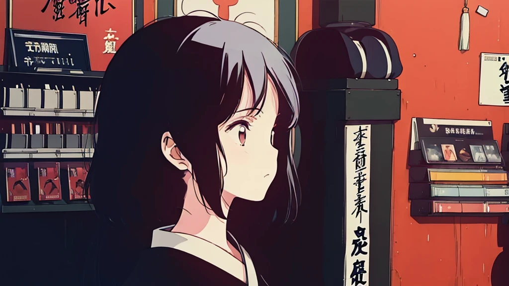 (low contrast), (lofi), (1 girl, black hair, T-shirts, headphone), (A Japanese shop with posters)