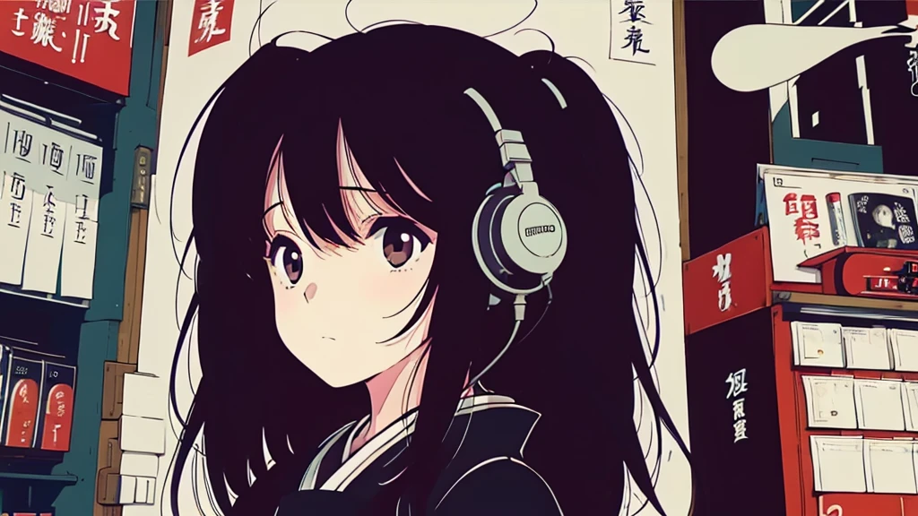 (low contrast), (lofi), (1 girl, black hair, T-shirts, headphone), (A Japanese shop with posters)