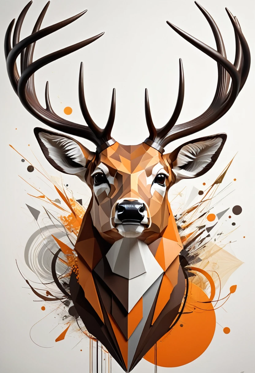 "Visualize an interpretation of a deer head. To capture its movement and energy in a unique and abstract way. Integrate strong brown, orange and white colors and sharp angles, to convey a feeling of movement and tension. Play with perspective and layering, to create a multidimensional composition, which questions traditional notions of space and form. Be inspired by the avant-garde spirit and see nature in a fresh and innovative light.. Unleash your creativity, as you bring this imaginative scene to life on the screen