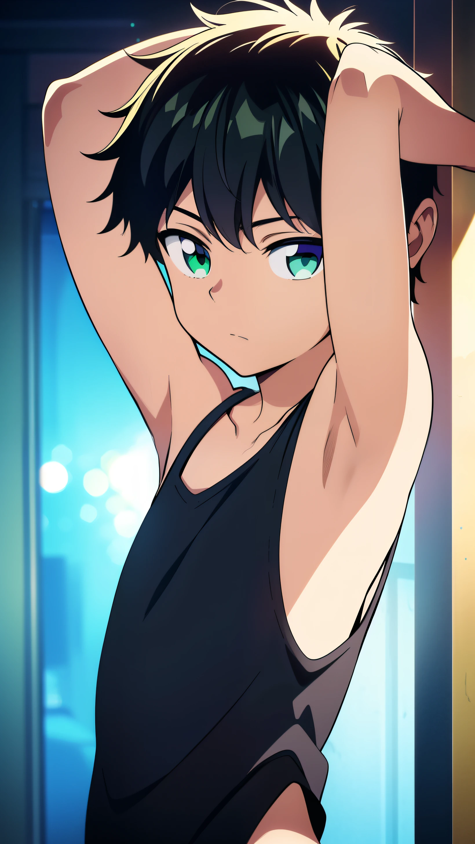 Highres, Masterpiece, Best quality at best,Best Quality,hight quality, hight detailed, Anime style, 1boy, Shota, Young boy, Solo person, Green tank top, Upper body, Seen from the front, looking at viewer, (Very young boy), (very small and short body), ***************s, (Showing armpit:1.3), Cute boy, Uhd, bokeh, Simpele beckground, 8k, wallpaper, best quality, beautiful lighting, intricate details, masterpiece, detailed, hyper detailed, best quality, ultra high res, high resolution, detailed, raw photo, detailed face, detailed eyes