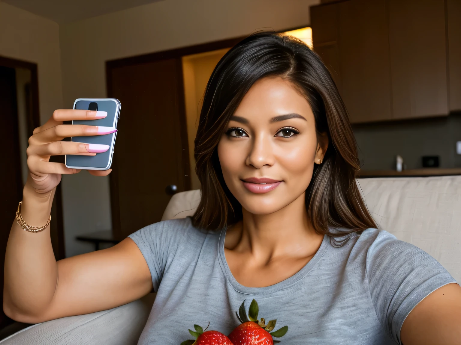 A beautiful woman in her 40s, wearing a gray t-shirt, holding a cell phone in her left hand and a strawberry in her right hand, checking her phone, checking her cell phone, she is holding a smartphone, very accurate photo, looks realistic, 40 years old woman, photo funny, good quality, portrait photo, portrait photo, goddess checking her phone. 40 years old female model, side pose, indoor photo, tanned skin. A woman in good physical shape, a fitness woman, perfect face, perfect mouth, 8k, perfect body, perfect face, perfect mouth, perfect hair, high resolution. She is around 40 years old, measures 165 cm and weighs 56 kg. She has a perfect mouth, a perfect face.