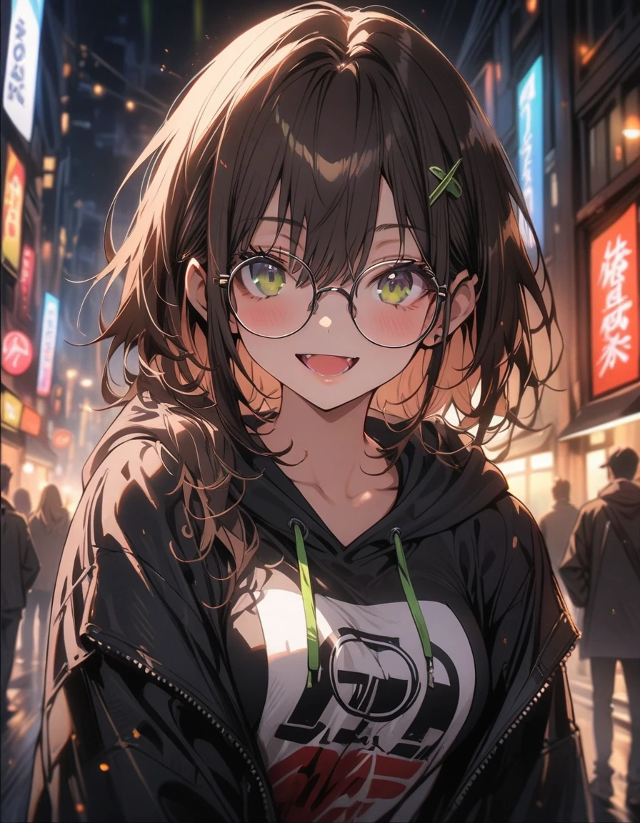 (masterpiece, best quality:1.2), ultra-detailed, high quality, highres, cinematic lighting, 1girl, solo, pretty woman, beautiful, beautiful and perfect face, detailed eyes, detailed eyelashes, green eyes, glasses, smile, open mouth, brown hair, hair bun, white hat, looking at viewer, black hoodie oversize, medium breasts, from front, standing, feet, full body, city night scene, the roof