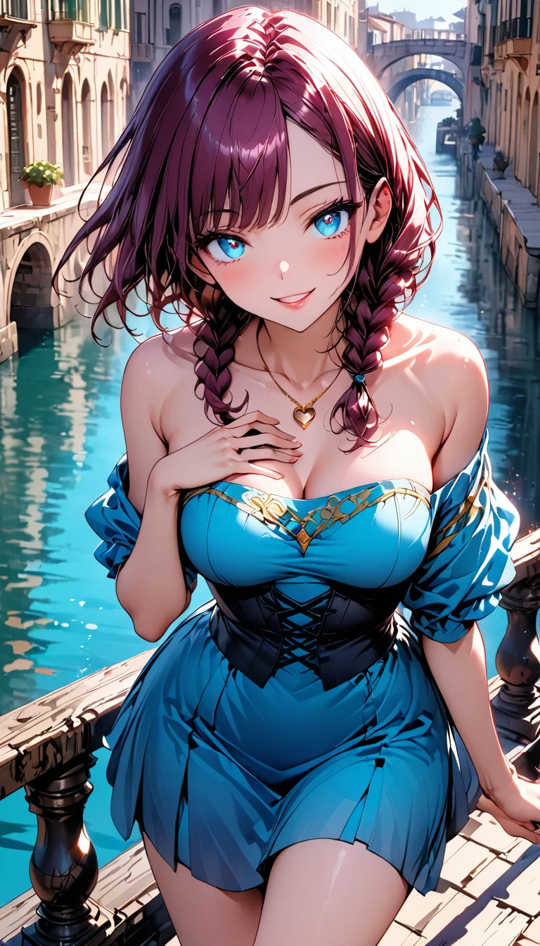 (masterpiece, very aesthetic:1.4), ultra-detailed, best quality, incredibly absurdres, Accurate, 8K, stunning, stylized,
cinematic, (illustration:1.4), vibrant, clear pictures, clean lines, (recent:1.2), delicate details, cowboy shot,
BREAK
a beautiful girl, solo, college age, (small face), beautiful detailed face,
The beauty and danger of growing from a girl to an adult, A symbol of miraculous beauty, Graceful posture, sensual, bewitching woman, medium breasts, narrow waist, curvy,
BREAK
(burgundy hair, long single braid hair, smooth hair, asymmetrical bangs:1.4),
BREAK
(aqua blue eyes, beautiful detailed eyes:1.4), (black oblong Pupils, slant eyes:1.2),
(glowing eyes, finely detailed irises, long delicate eyelashes),
BREAK
(navy blue dress, off shoulder, Strapless dress, Sleeveless, black corset:1.4), (1 tiny heart-shaped golden ring pendant:1.4),
BREAK
sunny afternoon, A city resembling Venice with canals, (Leaning against the railing of a bridge over a large river), Bright lighting, Beautiful world, Blown by the gentle wind, Soft sunlight that induces afternoon drowsiness,
BREAK
(gorgeous lips, natural pink lips, heart-shaped lips, beautiful detailed lips, Glossy, open mouth),
(seductive smile:1.3), (looking side glance), (left hand on own chest:1.3),