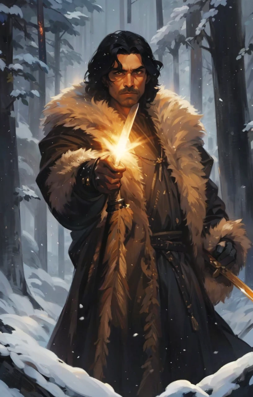 increase the size of the sword the man is holding, and set it on fire, but keeping the shine on the man&#39;s face