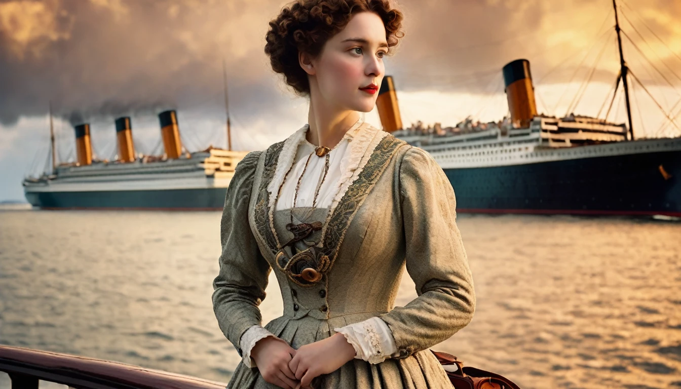 , 1910s style dress, curly brown hair, holding antique porcelain doll, Titanic ship, Promenade Deck, RMS Titanic, James Cameron inspired, nostalgic warm lighting, soft focus, cinematic atmosphere, vintage luggage, ropes, lifebuoys, Edwardian era, passenger liner, ocean background, sunset colors, intricate ship details, dramatic clouds