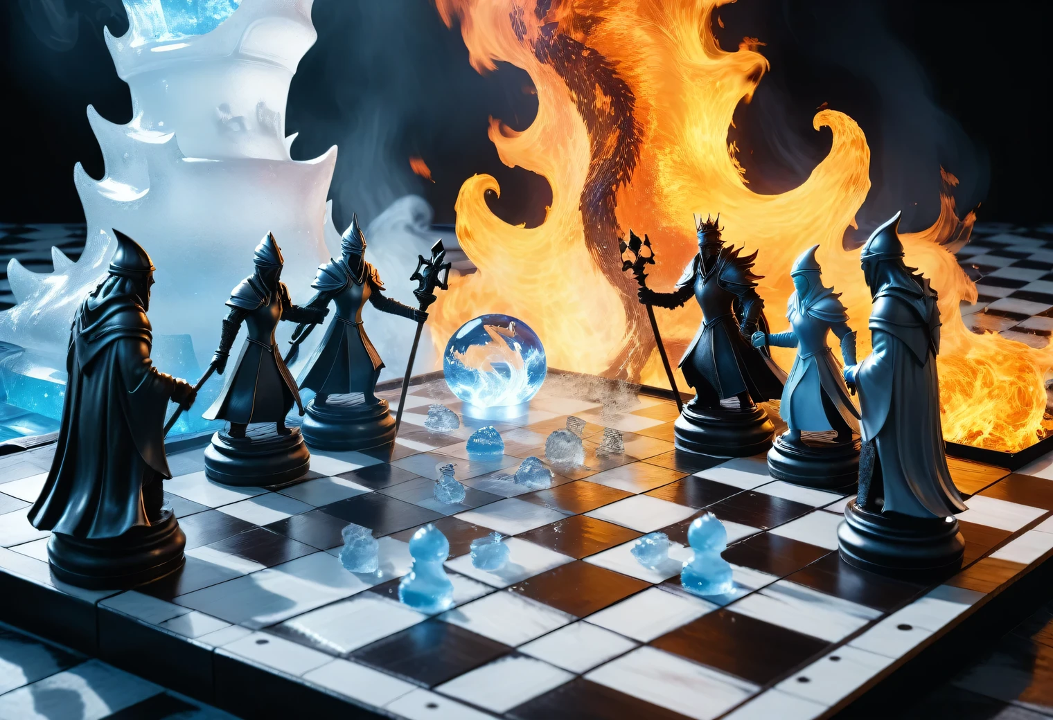 A scene from a fantasy movie about battles and magic, on a fantastic chess field, dark cells are fire, and white cells are ice, on a field of squares of ice and fire, white humanoid fantastic figures of ice and cold magic are fighting with dark humanoid fantasy figures of fire magic, a magical battle of chess is unfolding on a fiery-icy chess field figures of fire mages and ice mages, cinematic, video effects, high resolution, detailed