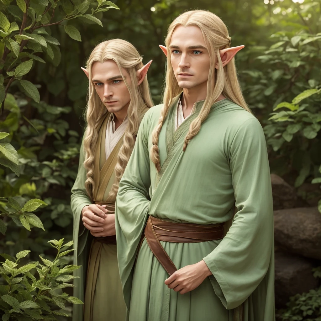 shot from afar, (normal ears), (Short ears), ((one man sage)), (thoughtful face), one male elf Legolas with long golden hair, (A wise look), long airy clothes, high growth, green eyes, lord of the rings style, mysterious