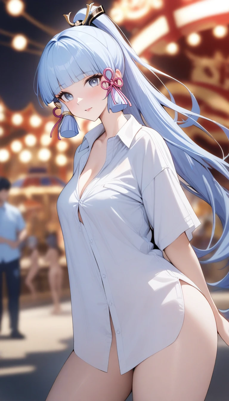 masterpiece, best quality, very aesthetic, absurdres, 1girl, mature_lady,1girl,naked_shirt,,Kamisato Ayaka,Kamisato Ayaka(genshin impact), light blue hair, blunt bangs, a small gold ornament, grey eyes, ponytail ,,in an amusement_park,blur background,background defocus,