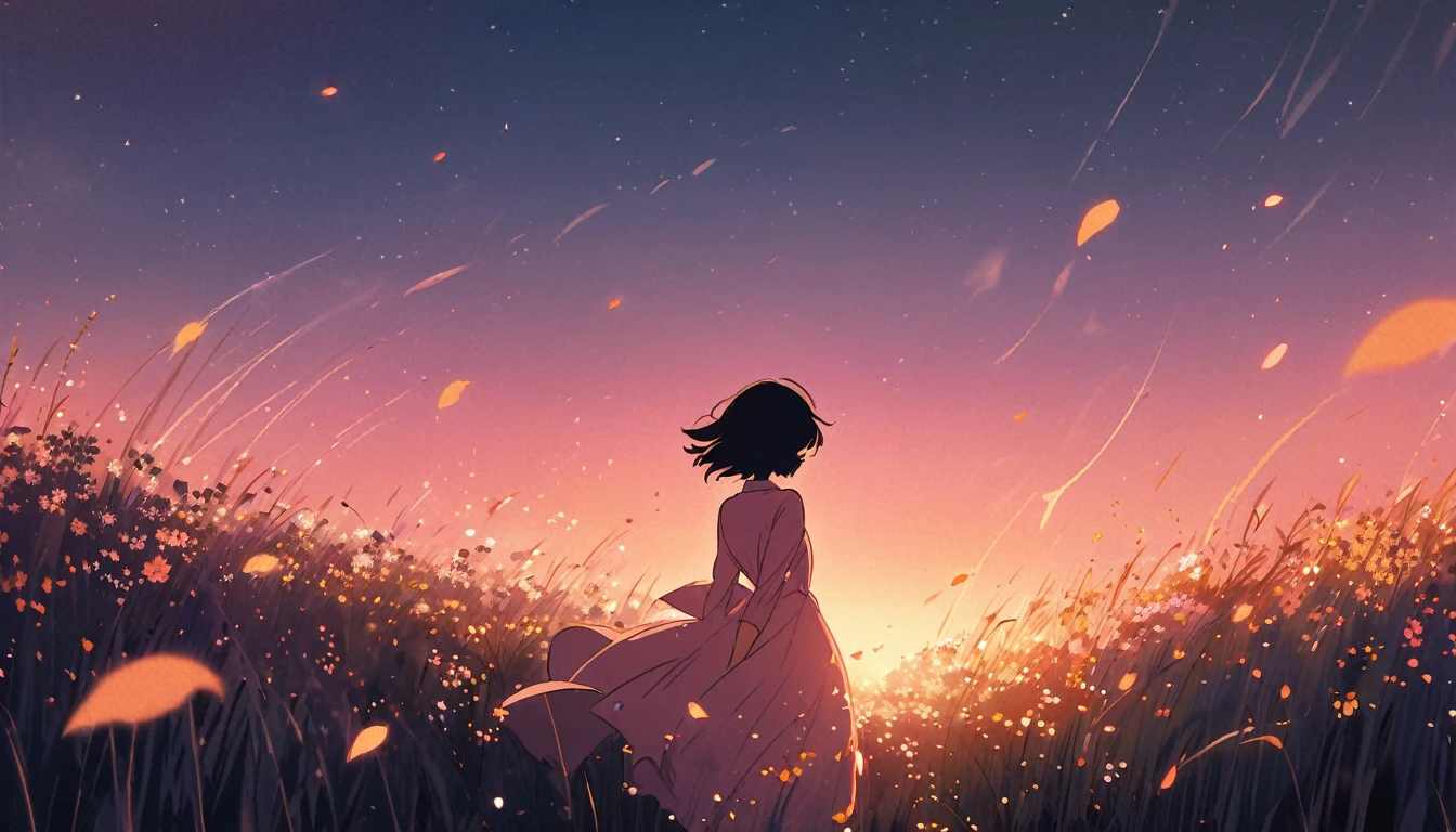Ghibli style, a silhouette of a person standing in a meadow at dusk. A soft orange and pink gradient sky with flowers swaying in the breeze is the background. The person stands with their back to the viewer, as if feeling the breeze. Stars shine in the distance, and the scene is sprinkled with flower petals dancing in the wind.