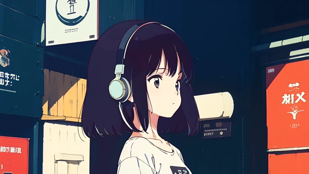 (low contrast), (lofi), (1 girl, black hair, white t-shirts, headphone), (shops with posters), (summer)