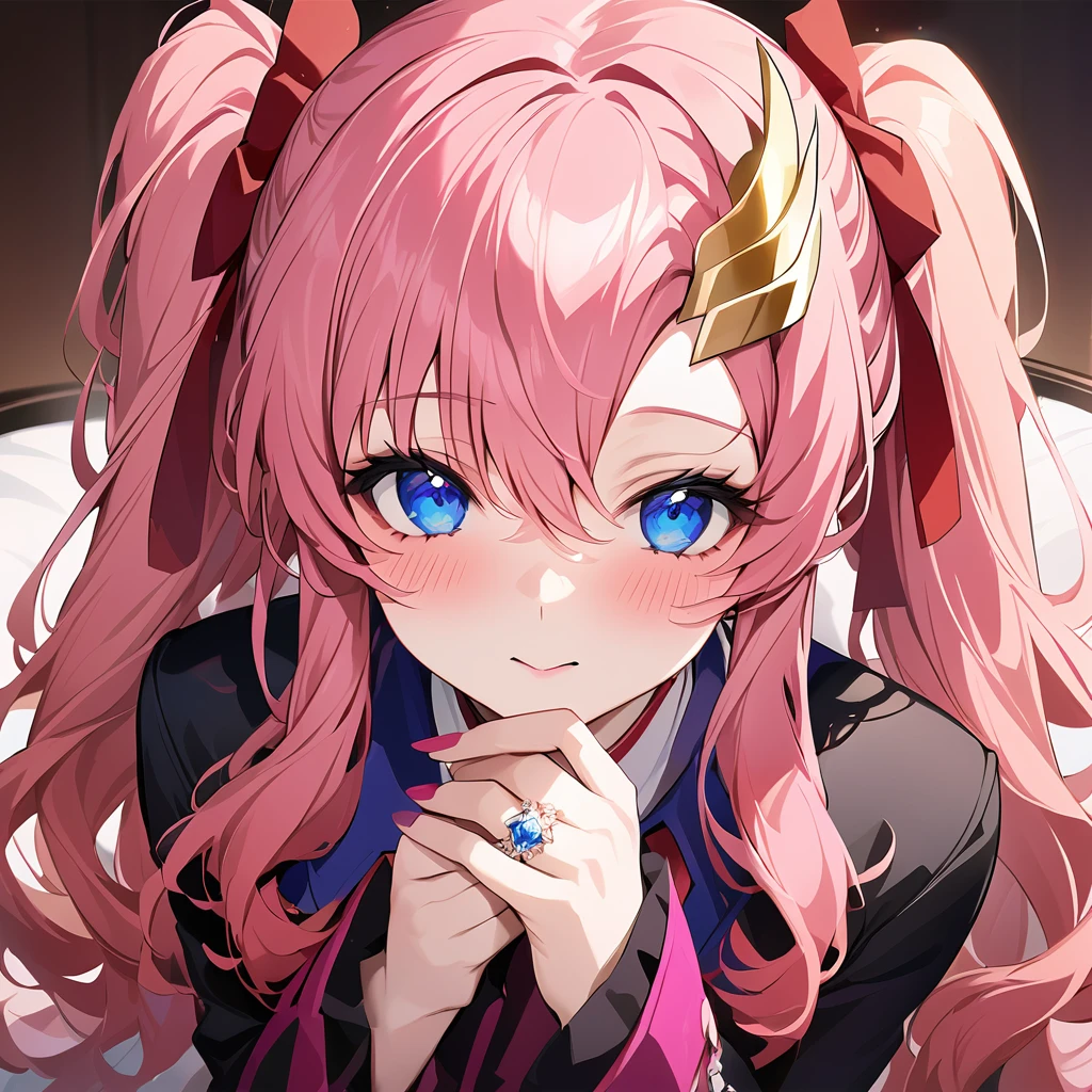 ((Highest quality)), ((masterpiece)), (detailed), （Perfect Face）、The woman is Lux Ram Tao, a member of the Foundation and wife of Orpheus Ram Tao, King of Accord. She is wearing an engagement ring, beautifully decorated jewelry, and a gorgeous hair ornament.、Lacus, Lam, Tao has blue eyes, medium-long pink hair, and loves Orpheus deeply and dearly.、Beloved wife of Orpheus Lam Thao, King of Accord