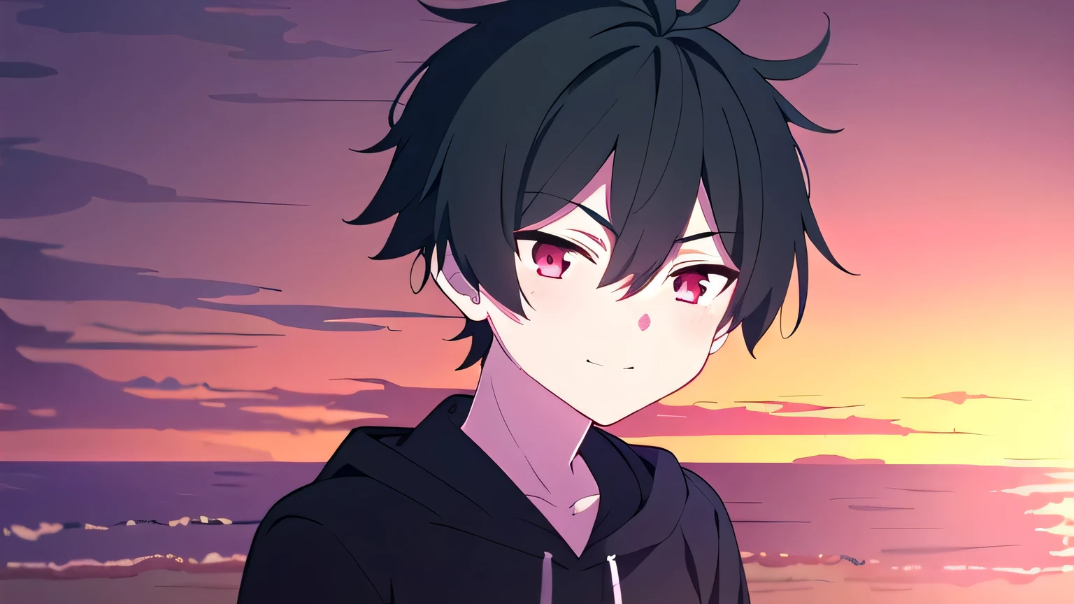  skinny, solo, 1boy, man, male A gloomy appearance,innocent smile,very short hair, short cut hair, black hair, red eyes,messy hair, bangs, messy bangs, cowlick, black hoodie, upper body, theme dark, sunset background,