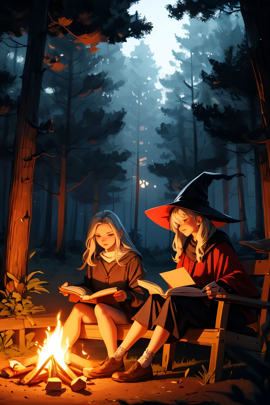 2 witches sitting at a campfire and studying books together in a fantasy forest at night