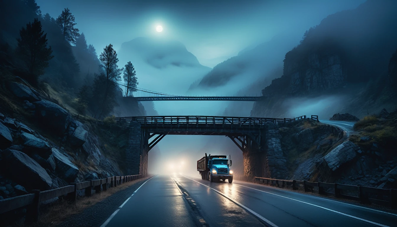 002: A realistic scene of a truck driving at night on a remote road, mountainous region, an old and worn bridge shrouded in dense and mysterious fog, known as "The Bridge of Spirits", cinematic color tones, detailed scene, real image