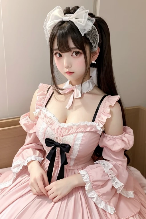 A 25-year-old Japanese woman with a voluptuous figure wearing sweet Lolita fashion in pink. She has large, almond-shaped eyes with an intense gaze and a beauty mark (tear mole) under her left eye. Her hairstyle features thick bangs that completely cover her eyebrows. The scene should emphasize the intricate details of her outfit, highlighting the frills, bows, and lace typical of sweet Lolita fashion. The overall atmosphere is cute and elegant, with a focus on the pastel pink tones of her clothing and the captivating features of her eyes