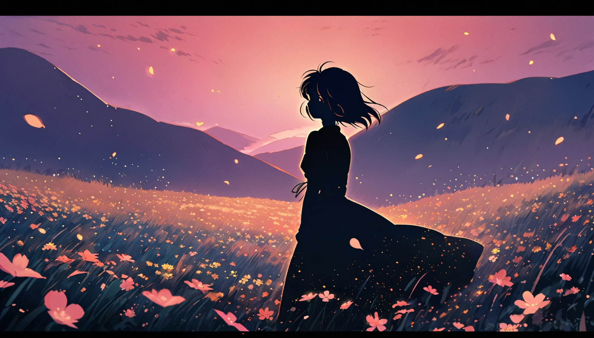 Ghibli style, a silhouette of a person standing in a meadow at dusk. A soft orange and pink gradient sky with flowers swaying in the breeze is the background. The person stands with their back to the viewer, as if feeling the breeze. Stars shine in the distance, and the scene is sprinkled with flower petals dancing in the wind.