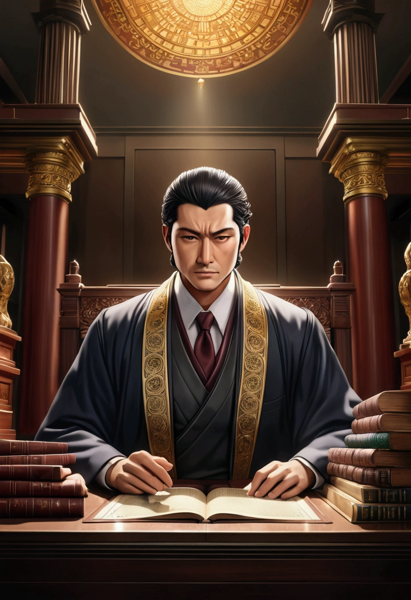 (Lawyer), game "Gyakuten Saiban", full body, award-winning, cinematic still, emotional, vignette, dynamic, vivid, (masterpiece, best quality, photorealistic, Professional, perfect composition, very aesthetic, absurdres, ultra-detailed, intricate details:1.3)