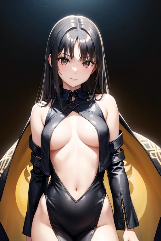 (best quality, highres, ultra-detailed, realistic:1.37), ((Consort Yu)), ((reddish brown eyes)) ((black hair:1.5)) posing for a photo, female steampunk, center open dress, short hem, exposed midriff, (ample breasts), gothic exile, piercing eyes, extremely detailed eyes and face, detailed lips, long eyelashes, cute, embarassed smile, gothic steampunk atmosphere, Victorian leather jacket, shy posture, vibrant colors