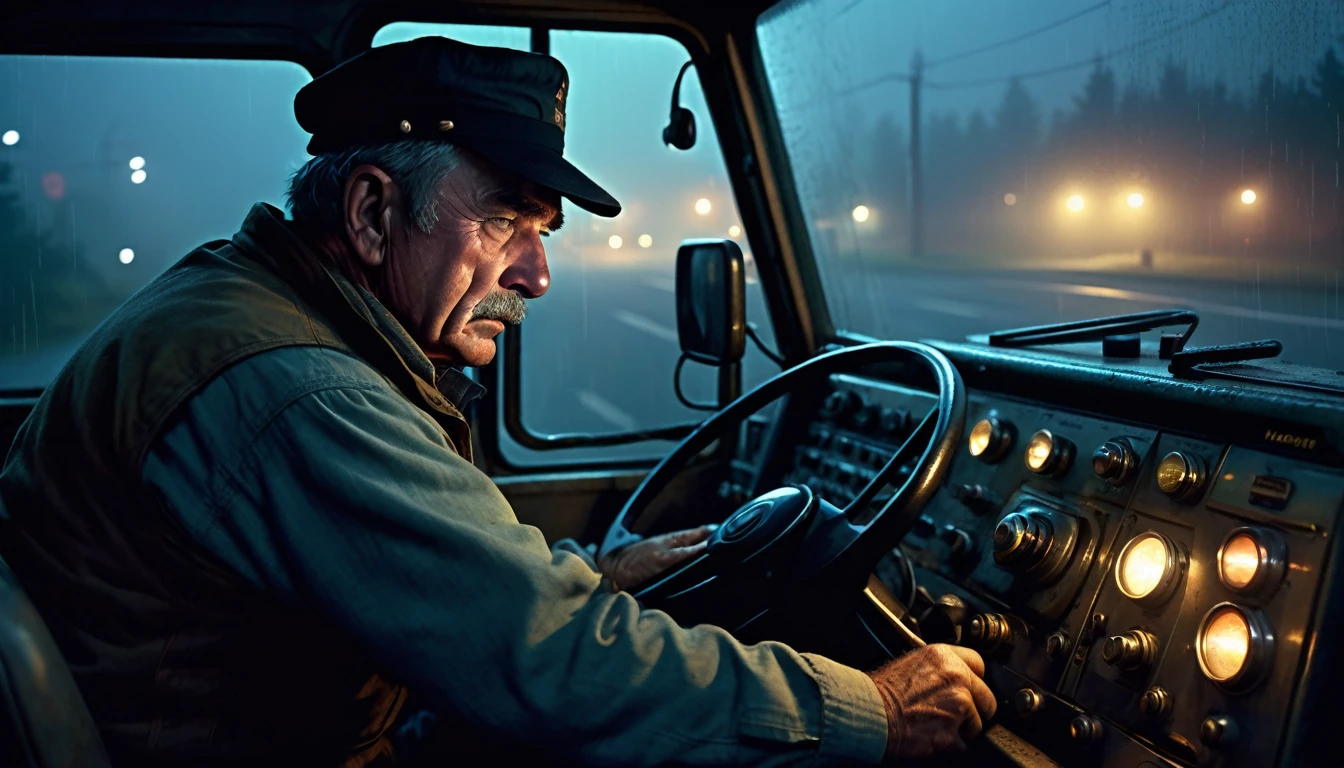 007: A realistic scene of a veteran truck driver in his truck at night, radio losing signal and turning to static, driver turning the dial to find a working station, chills running down his spine, low whispers emerging from the static, trying to ignore the sounds attributing them to fatigue and fog interference, cinematic color tones, detailed scene, real image
