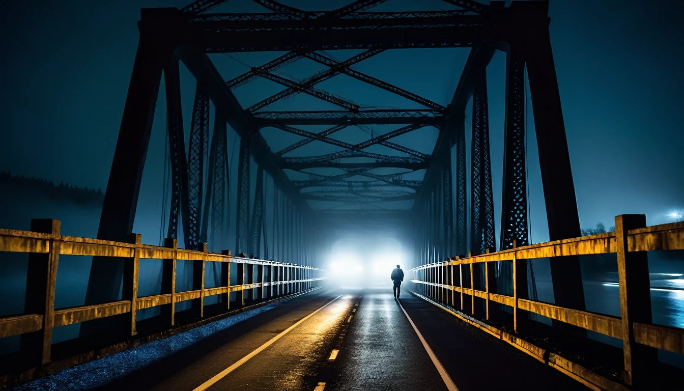 008: A realistic scene of a veteran truck driver crossing an old bridge at night, feeling increasing unease, looking out the window and seeing shadows moving in the fog, shadows disappearing when trying to focus on them, the surroundings becoming more oppressive, headlights illuminating only a few meters ahead, the rest of the bridge appearing as an endless abyss, cinematic color tones, detailed scene, real image