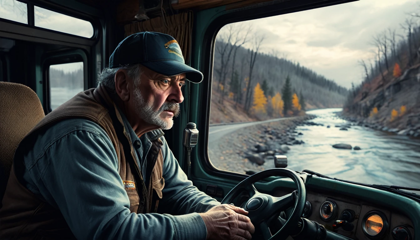 009: A realistic scene of a veteran truck driver thinking about stories from his fellow truckers, tales of spectral figures, distant screams, and trucks stopping on the bridge, drivers left at the mercy of the unknown, his skepticism being tested, the air inside the cabin feeling colder, a palpable sensation of being watched, cinematic color tones, detailed scene, real image
