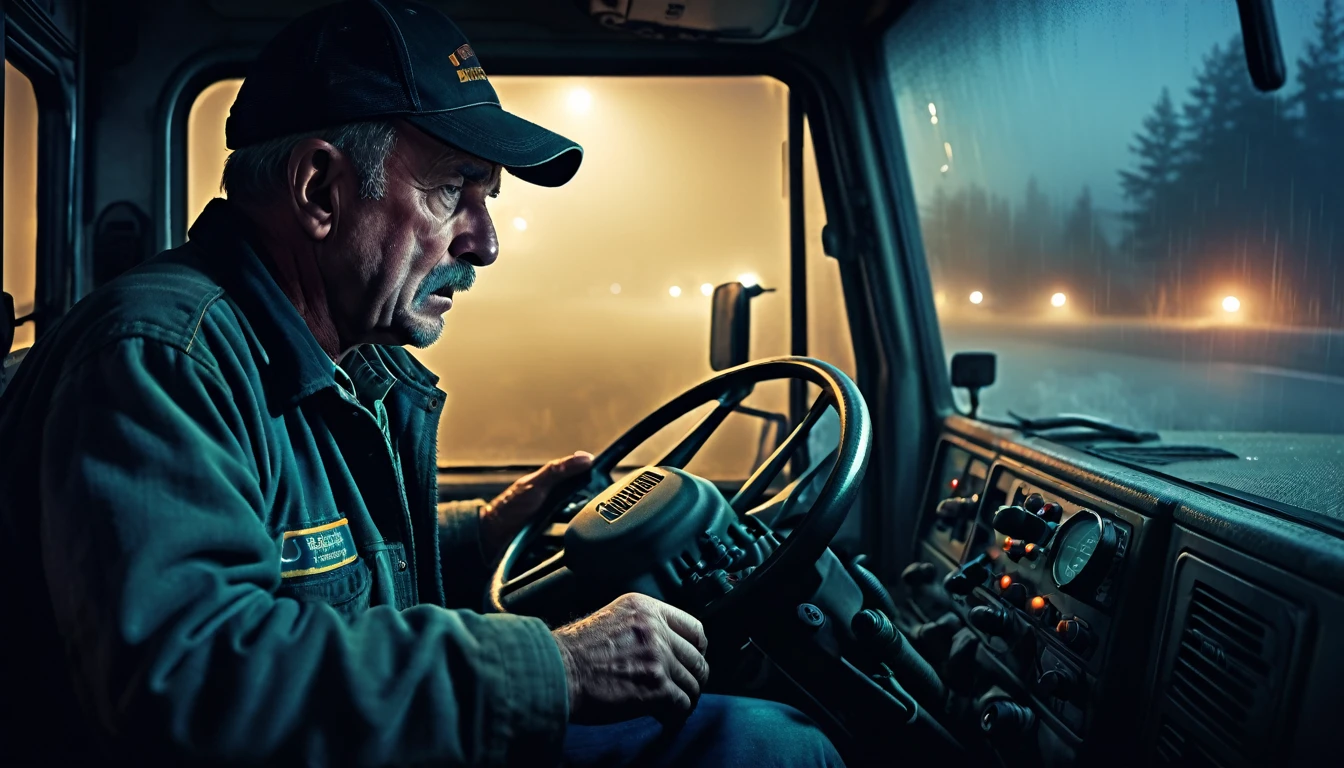 010: A realistic scene of a veteran truck driver experiencing his truck's engine failing suddenly at night, looking at the control panel with everything appearing normal, stopping the truck and getting out to check the engine, immediately enveloped by denser fog, temperature dropping significantly, seeing his breath condense in the air, cinematic color tones, detailed scene, real image
