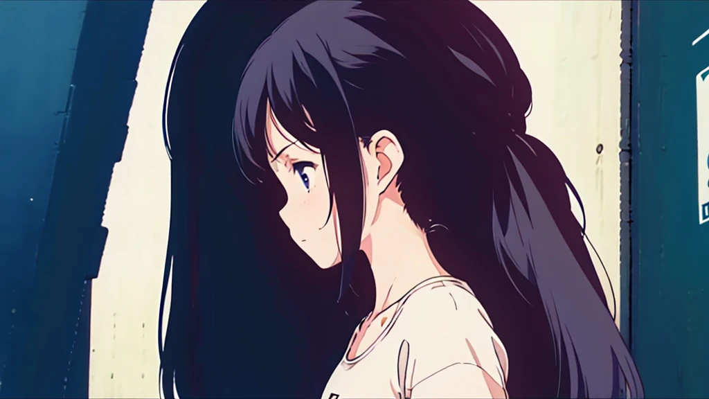 (low contrast), (lofi), (1 girl, black hair, white t-shirts, headphone), (shops with posters), (summer)