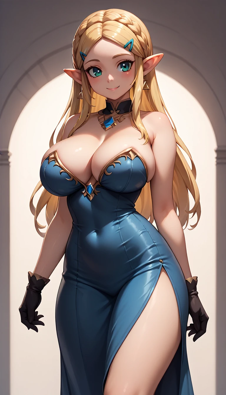 High resolution, Very detailed, perfect lighting, beautiful detailed eyes, ((masterpiece,Best Quality)), absurdities, alone, princess zelda, by the width, crown braid, Hair clip, pointy ears, tight blue elegant evening dress, Gloves without fingers, black gloves, smile, curves, deep neckline, deep neckline, tight blue elegant evening dress, Primer plano frontal, big breasts