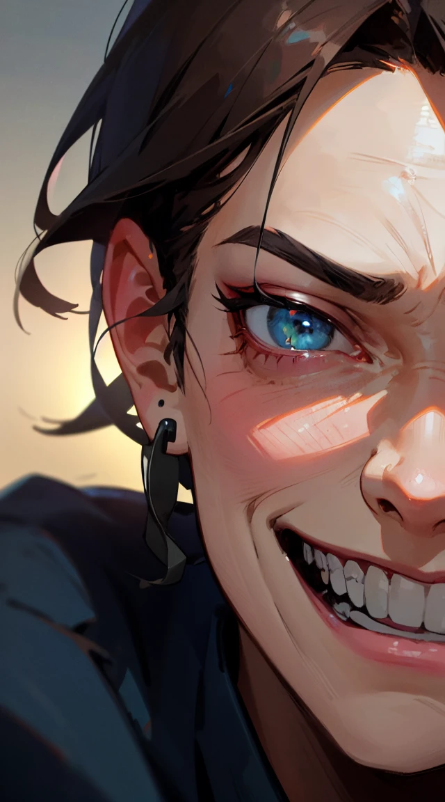 ((masterpiece)), best quality, 8k, high quality, high resolution, super detailed, ultra detailed, photorealistic, beautiful and finely detailed face and eyes, ultra detailed and detailed skin texture, expressive eyes, perfect face, 1 boy, sort hair, (maniacal grin)), night, abandoned , creepy, inhuman, grin, creepy smile, ear to ear