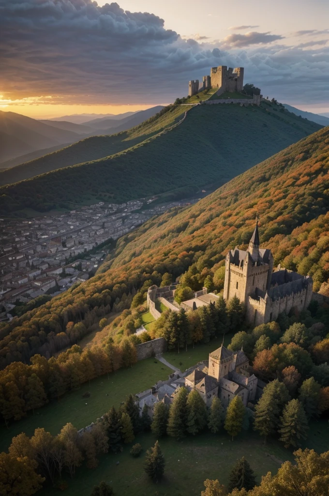 Large medieval city, with large stone walls around it, walls that have trees and mosses, however, at the bottom of this magnificent city there is a not so high mountain that at the top of it there is a Sanctuary where the priests and clergy stay. In the image we see the orange sunset, the rays lightly touch the mountain over the entire big city.
