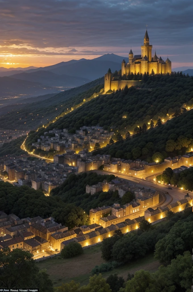 Large medieval city, with large stone walls around it, walls that have trees and mosses, however, at the bottom of this magnificent city there is a not so high mountain that at the top of it there is a Sanctuary where the priests and clergy stay. In the image we see the orange sunset, the rays lightly touch the mountain over the entire big city.