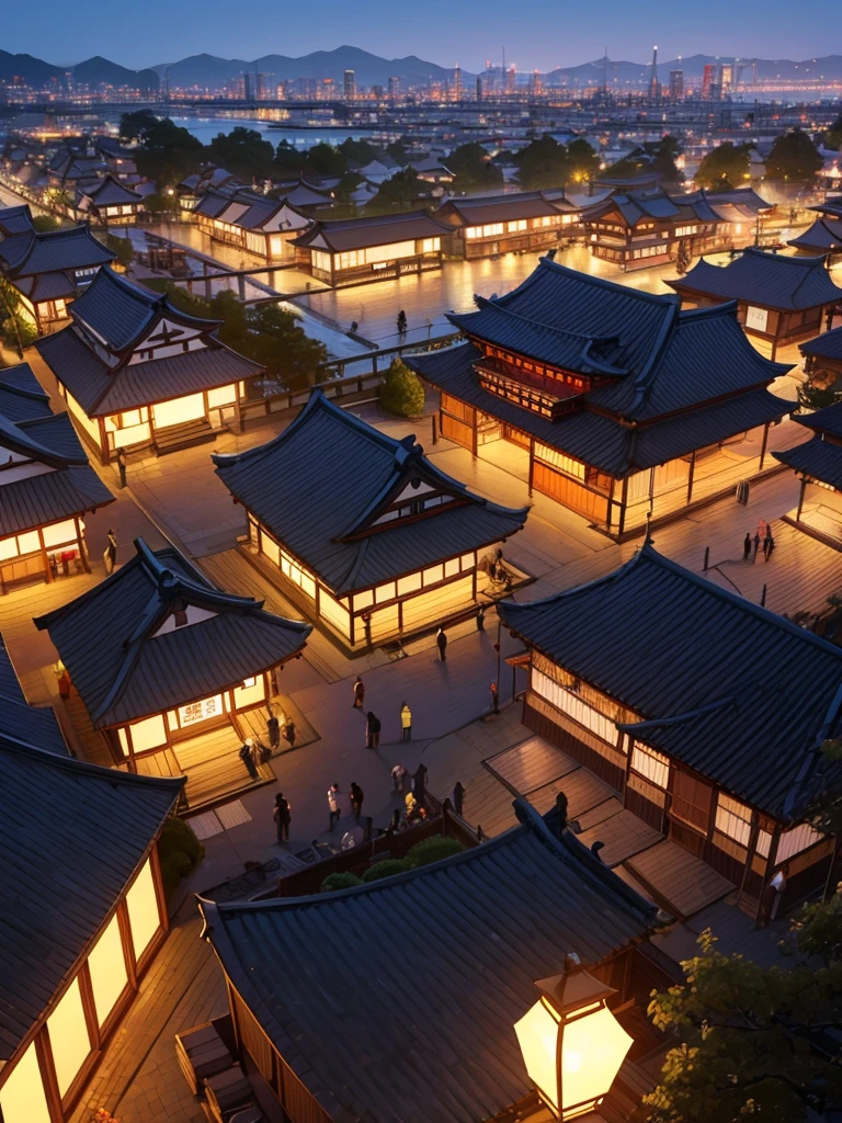 (Bird eye view) A medieval Japanese city, buildings in traditional Japanese style, lanterns lighting the night, people celebrating