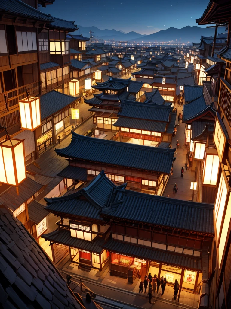 (Bird eye view) A medieval Japanese city, buildings in traditional Japanese style, lanterns lighting the night, people celebrating