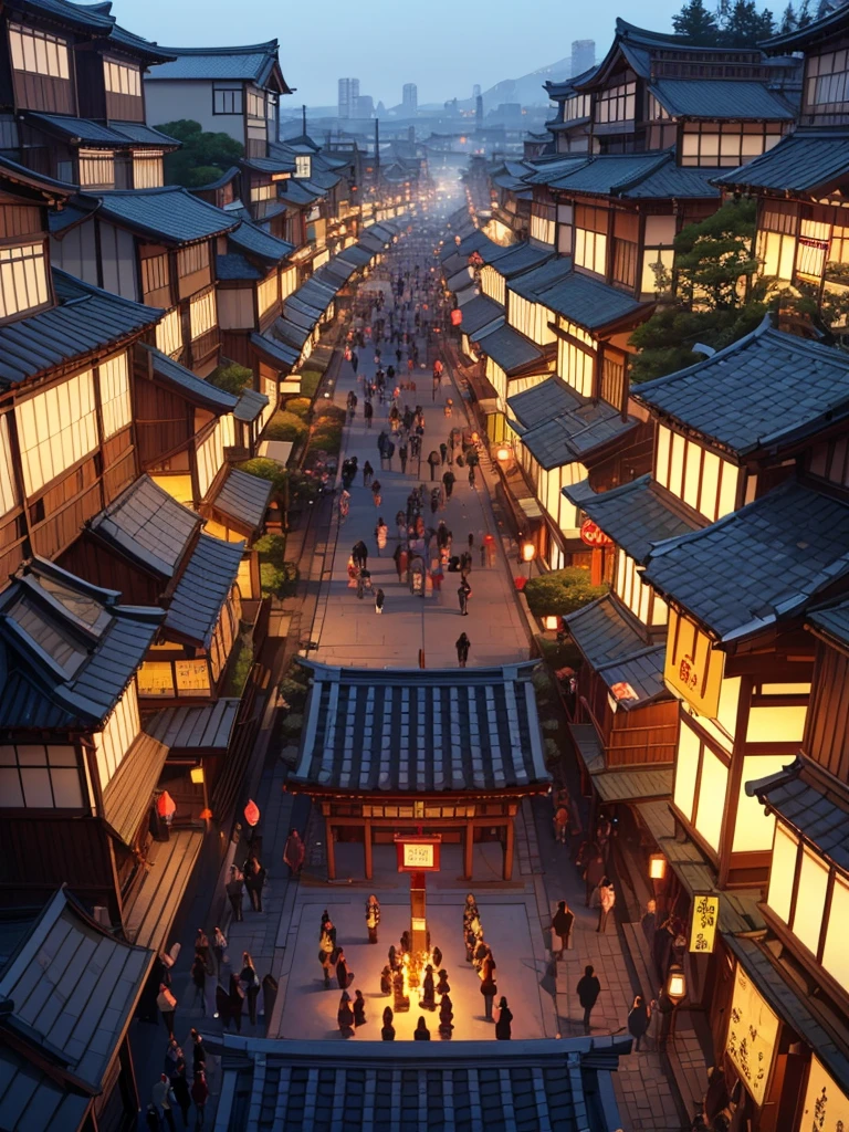 (Bird eye view) A medieval Japanese city, buildings in traditional Japanese style, lanterns lighting the night, people celebrating