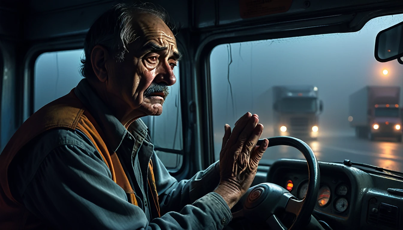 013: A realistic scene of a veteran truck driver at night, seeing human-like translucent figures with empty gazes approaching, heart racing, trying to rationalize the sight as fatigue or fog-induced hallucinations, spirits appearing real with expressions of sadness and despair, extending hands as if trying to reach the driver, whispers becoming clearer with laments and pleas for help, cinematic color tones, detailed scene, real image
