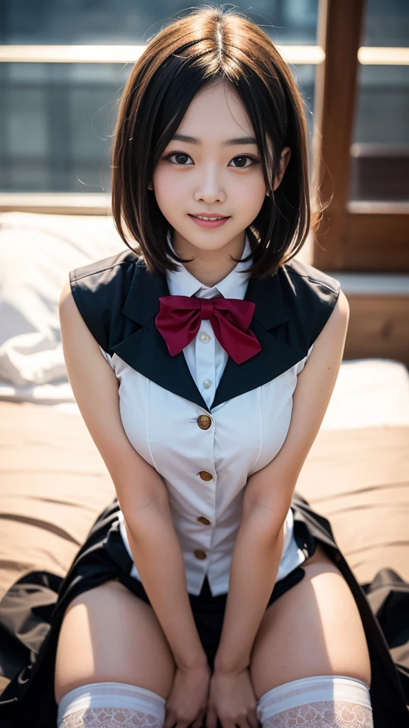 (((A single photo:1.2))), ((A beautiful girl in a cute cosplay costume is having sex:1.4)), ((性欲の強いhigh school girl:1.4)), (Short Hair), (8k, RAW Photos, Highest quality, masterpiece:1.2), Looking at the audience, Viewed from the front, Beautiful white skin, knees, Absurd face is small, Part your bangs down the middle, The forehead is visible, Glare, ((Cute and mischievous face:1.3)), Ultra-high resolution, ((I can't wear underwear)), ((Slender body line)), (Outstanding proportions), high school girl, (Idolフェイス, Baby Face:1.65), Japanese women, Are standing, (Photorealistic:1.37), Photon Mapping, Realistic, Cute and small face, Brown eyes, prospect, Written boundary depth, Blurred Background, (I can see the bangs), Silky smooth hair, (Firm stomach:1.3), (Beautiful and slim thighs:1.4), ((Small beautiful butt:1.2)), (Curved waist), thigh, Nogizaka idol, Idol, (Detailed hands:1.4, Accurate hands:1.4, Beautiful little hands of a girl:1.3, Beautifully crafted with attention to detail:1.3), (Firm and beautiful breasts:1.3), Super quality, Low people, (Clear white skin, Skin with visible pores:1.2), (Focus on the face), Check and correct the garment construction, (Perfect Anatomy:1.4), (Detailed eyes and face:1.3, Professional photography techniques), (Detailed arms and legs:1.4)