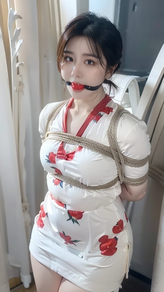 Draw lips correctly, red lipstick, from chest up, best quality, super detailed, lifelike, Ultra-fine skin, perfect anatomy, (1 Japanese Mature woman), (alone),Wear floral green high-end round neck dress,short sleeves,wavy long hair,27-year-old woman,Mature,charming smile,garden background,stand,Chubby face, Hair tied into a ponytail,The body is a bit fat,medium bust,full-body shot, ballgag ballgag ,bondage (Shibari,hands tied behind back:1.5), (Shibari:1.21),(((Tied up tightly in the toilet )))