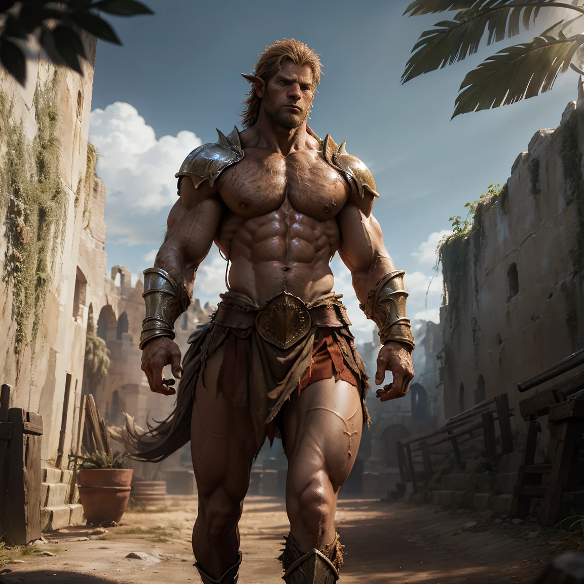 powerful gladiator, bare chest, lower body revealed from thighs to feet, detailed muscular physique, Realistic representation, 4k resolution. bottom: Colosseum during a spectacular sunset,32k UHD, Best Quality, masterpiece, Super detail, detalles highs, Highly detailed, full-color, full-length photograph of a centaur.:1.2, 1 chico, standing, high, short red hair, hooves, 4 legs, breastplate, gauntlets, realist, depth of field, photorealist,