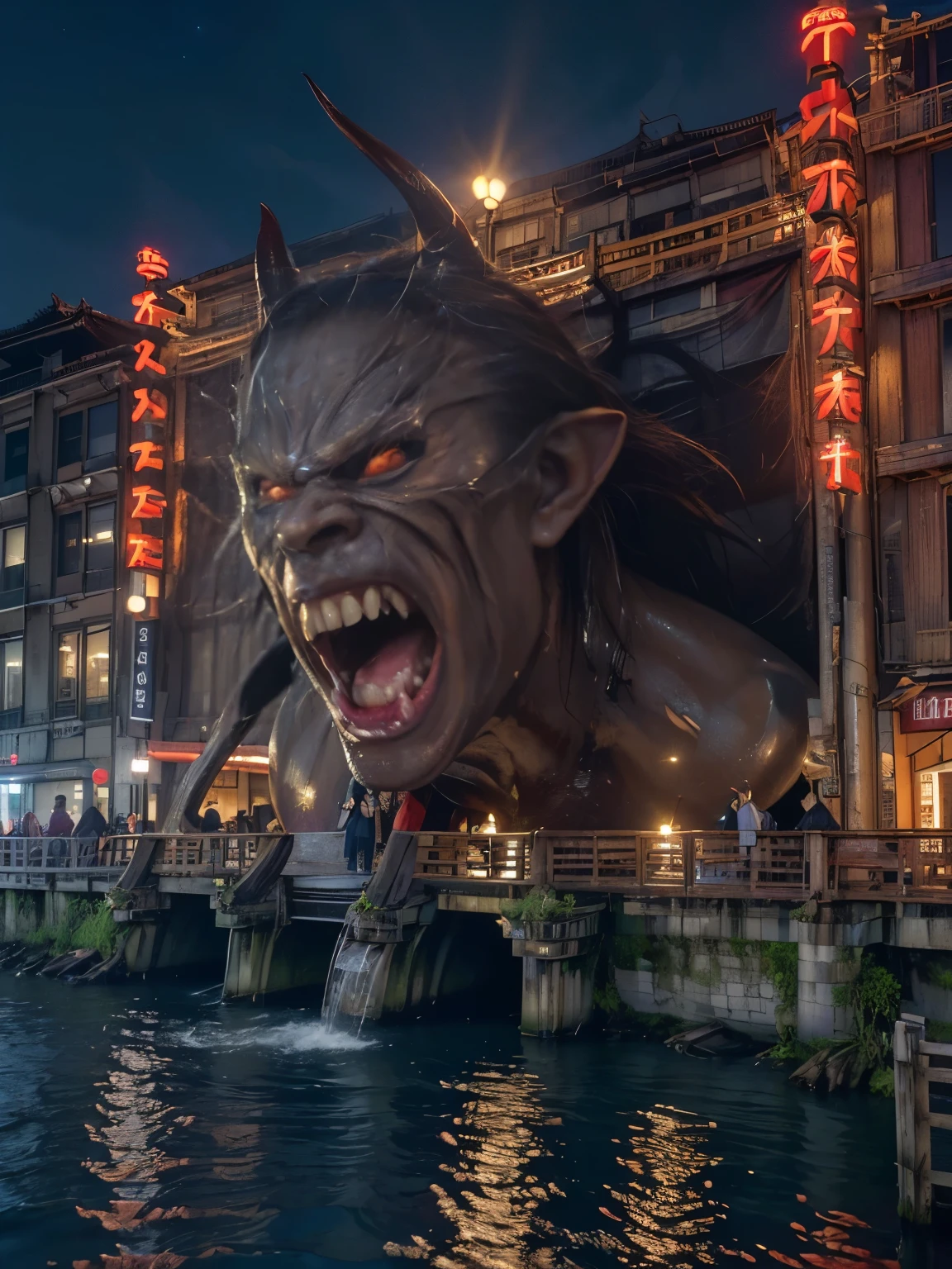 (masterpiece:1.2, Best Quality:1.2), 8K wallpaper, cinematic lighting, professional lighting, ultra High resolution, hyper realistic photograph, RAW photo, humanoid monster, rotting skin, red eyes, large horns, fangs, tails, red skin, muscle bodies, huge penis, ((ultra realistic exterior of Dotombori bridge, ultra detailed exterior of Dotombori river, night view, Osaka)), standing, full body shot,