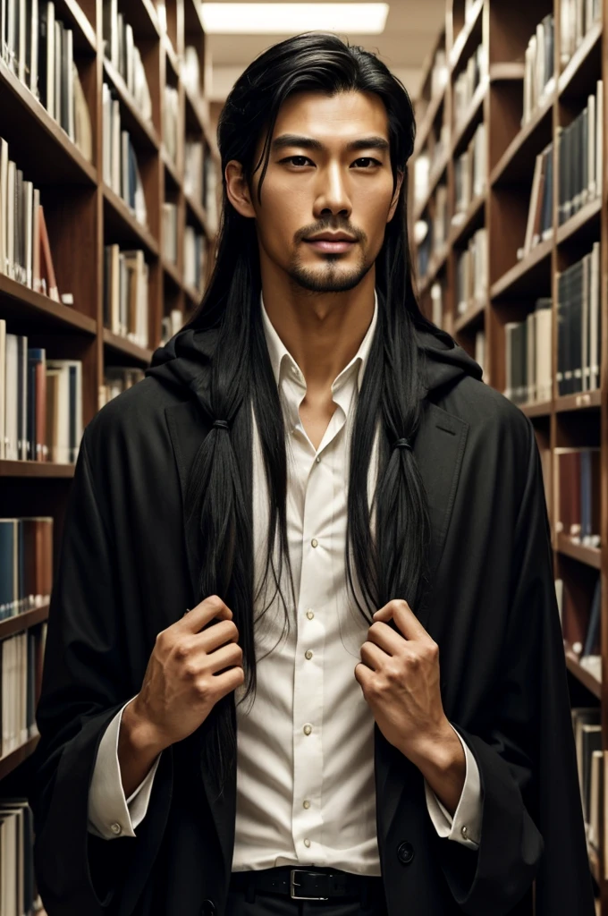 (masterpiece)(handsome)tall asian man with a litlle bit long tied up hair.he is wearing a long black coat.he is in library.