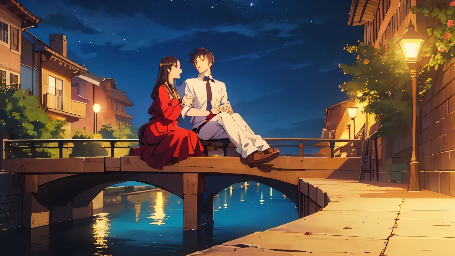 couple sitting looking at the sky at night on the bank of a river
