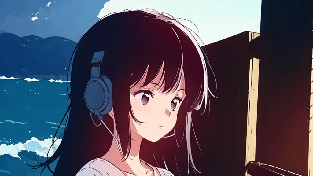 (low contrast), (lofi), (1 girl, black hair, white t-shirts, headphone), (summer)