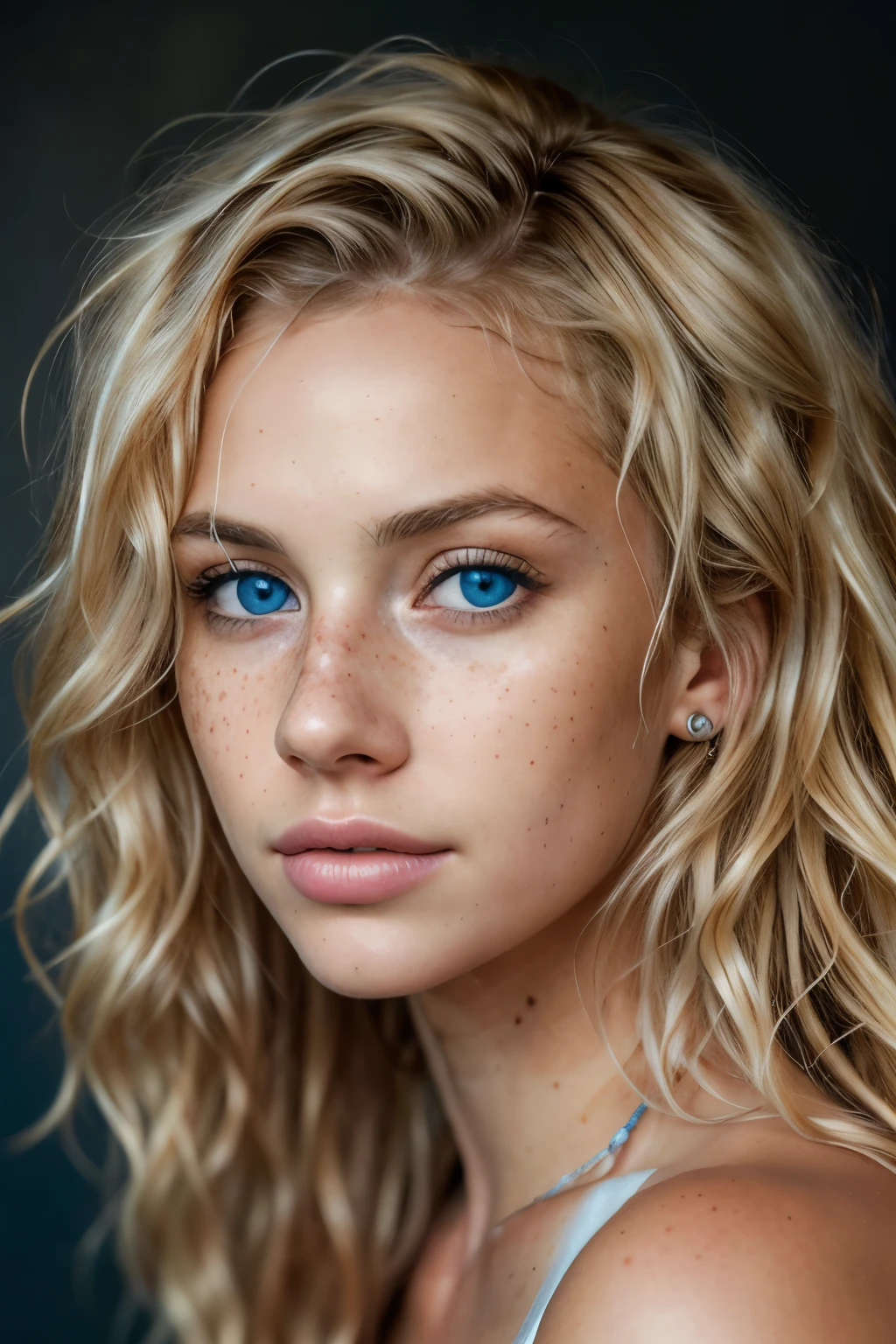Girl with blonde and wavy hair, white skin and blue eyes with freckles on her face, serious looking 