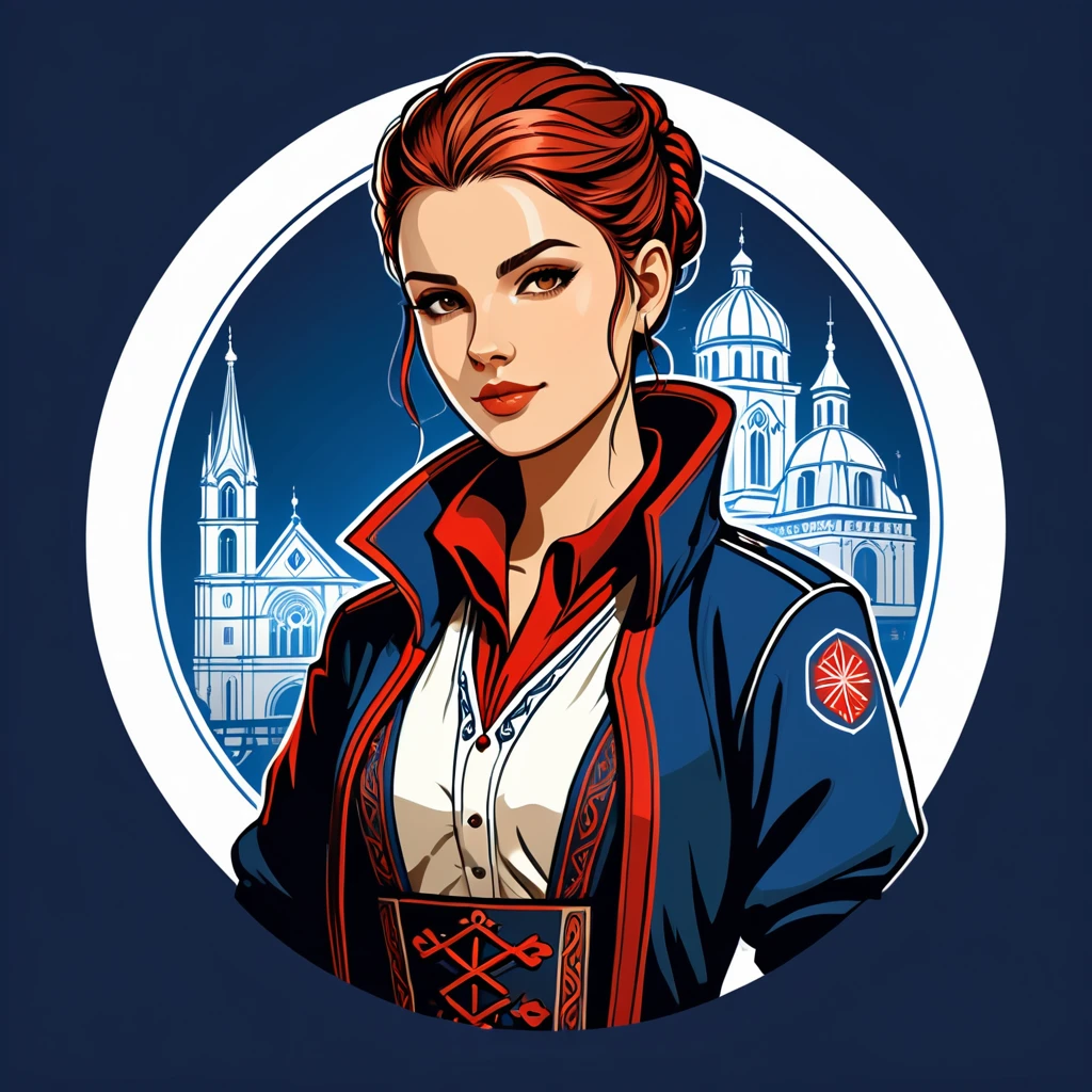 female netrunner in french folk outfit ,vector graphics, strong contours, logo design