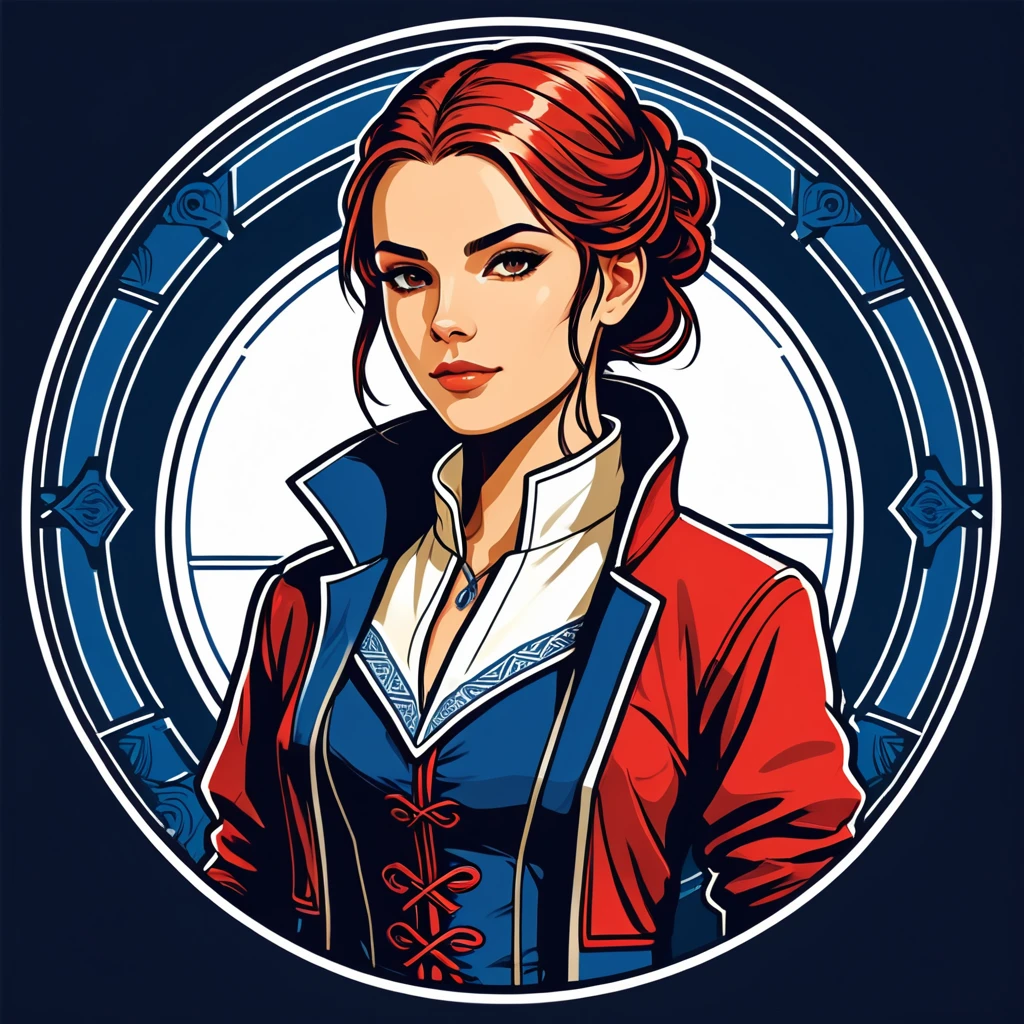 female netrunner in french folk outfit ,vector graphics, strong contours, logo design