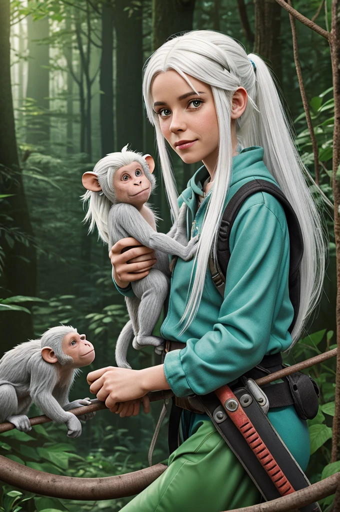 Character illustration for cinema, girl with white hair, lives in a fairy forest and loves animals very much, rollerblades and makes friends with monkeys
