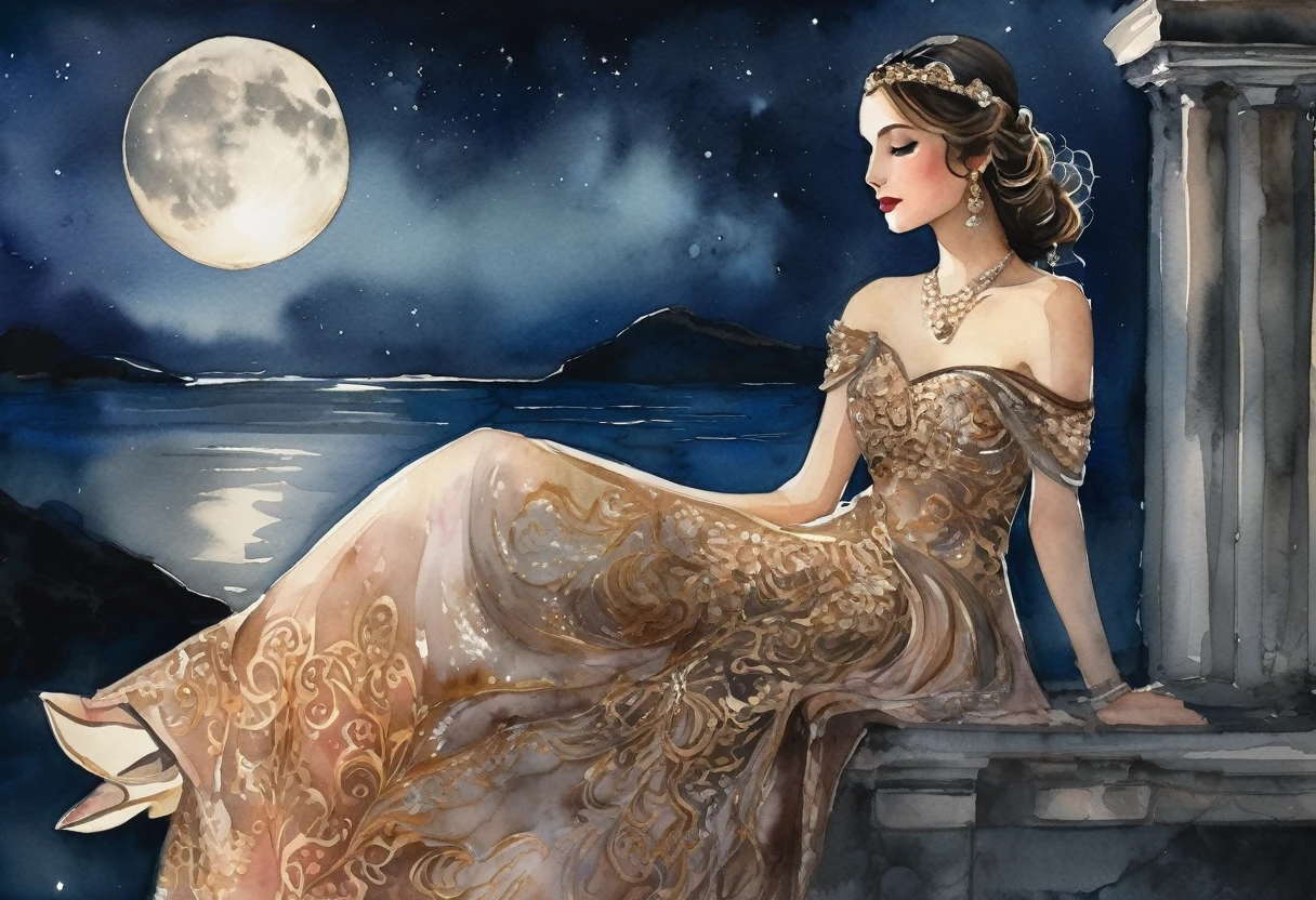 A captivating watercolor painting of a graceful Amalfi princess dressed in vintage Pompeii attire, basking in the moonlight. The princess's flowing gown is adorned with intricate designs and shimmers in the soft glow of the night sky. Her body is elegantly exposed, highlighting her figure. The background features dark, moody skies with clouds partially concealing the moon, creating a mysterious and romantic atmosphere.