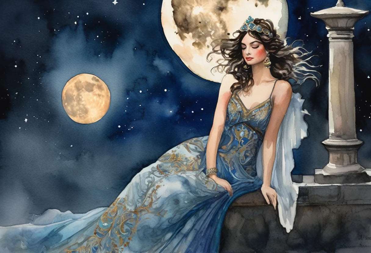 A captivating watercolor painting of a graceful Amalfi princess dressed in vintage Pompeii attire, basking in the moonlight. The princess's flowing gown is adorned with intricate designs and shimmers in the soft glow of the night sky. Her body is elegantly exposed, highlighting her figure. The background features dark, moody skies with clouds partially concealing the moon, creating a mysterious and romantic atmosphere.
