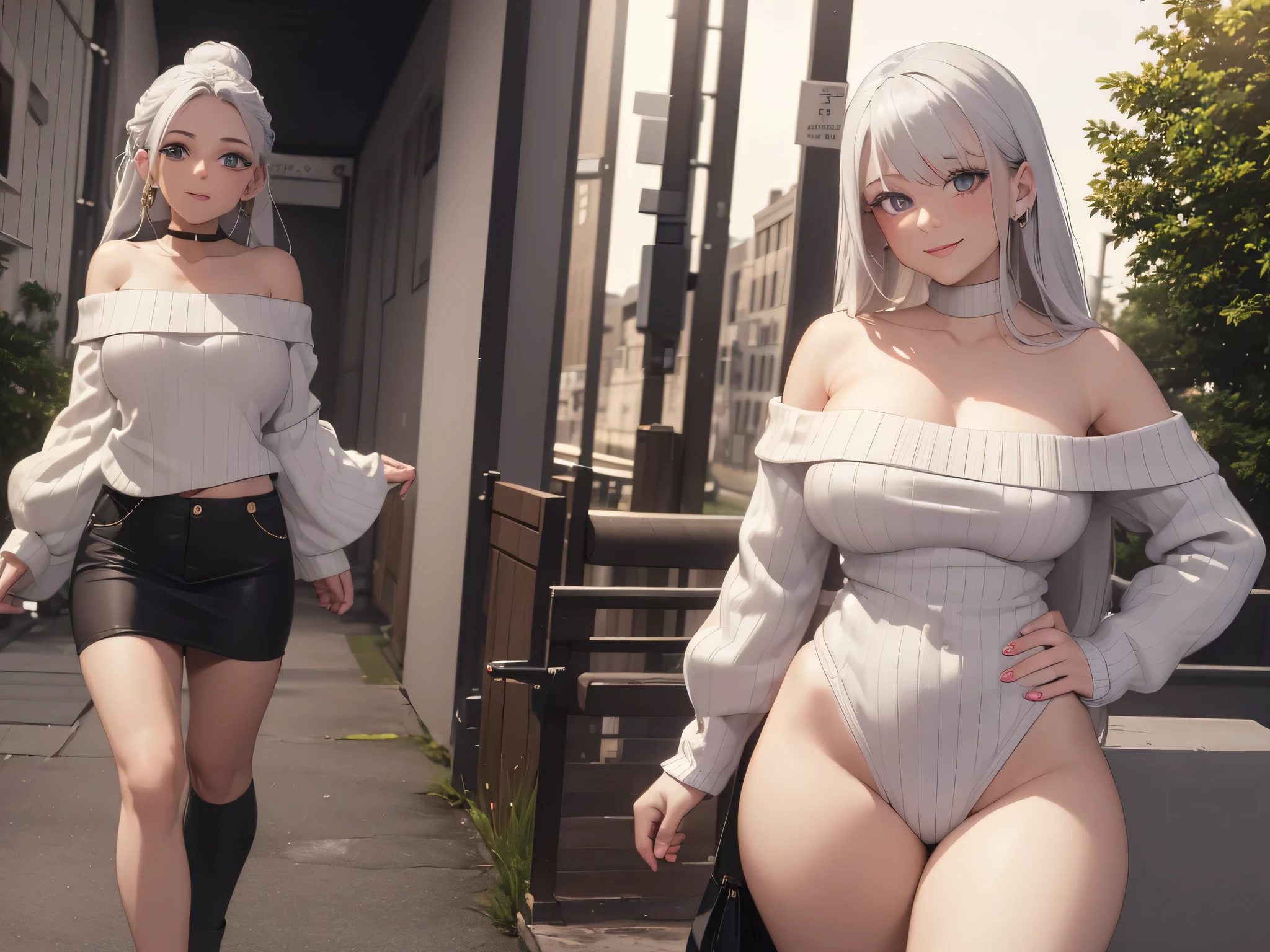 ((best quality)), ((masterpiece)), (detailed), 1 Girl, Off-shoulder sweater, ,Smiled happily,White hair,gentle,Anime style,Long hair,K cup,Revealing clothes,Showing breasts,on the street,clear nipples,Hands behind your back